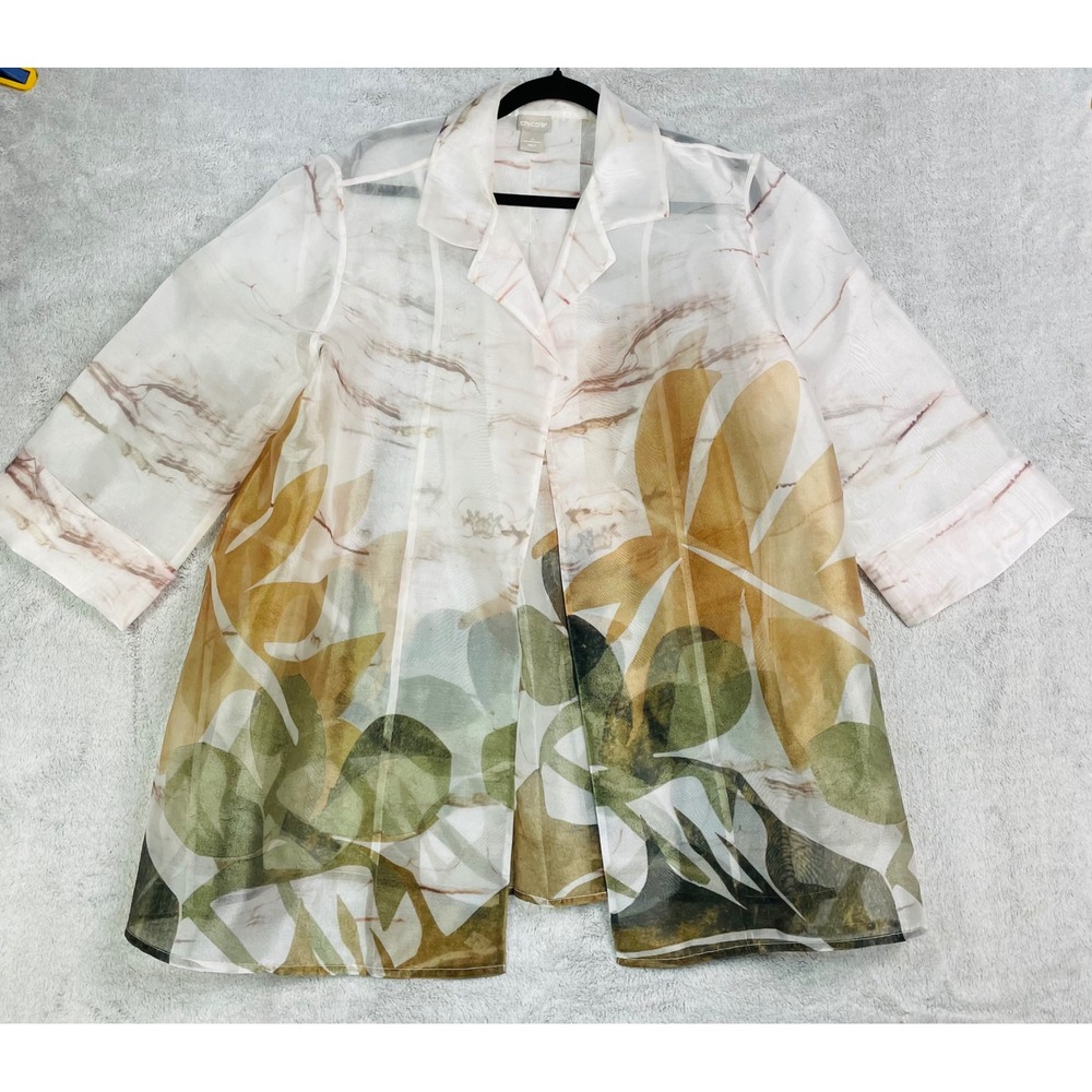 Chicos Sheer Topper Jacket Size 4 US 20/22 White Tropical Leaf Open Front Mesh